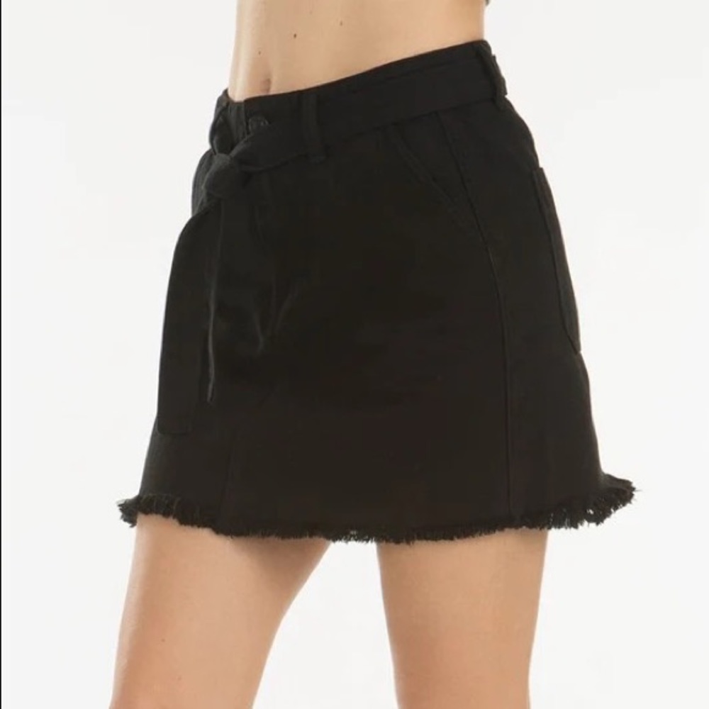 KanCan Black Belted Denim Fringe Skirt Large